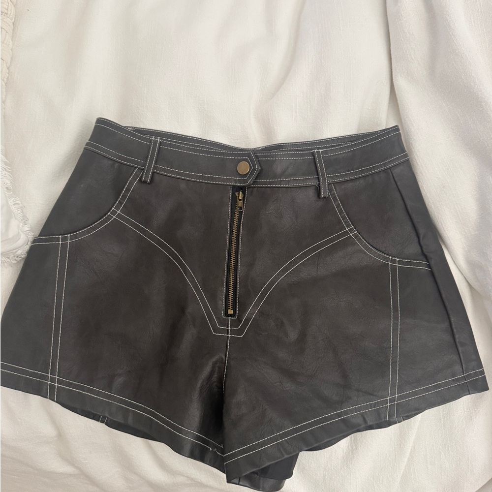 Womens Black Faux Leather High-Waist Shorts with Contrast Stitching